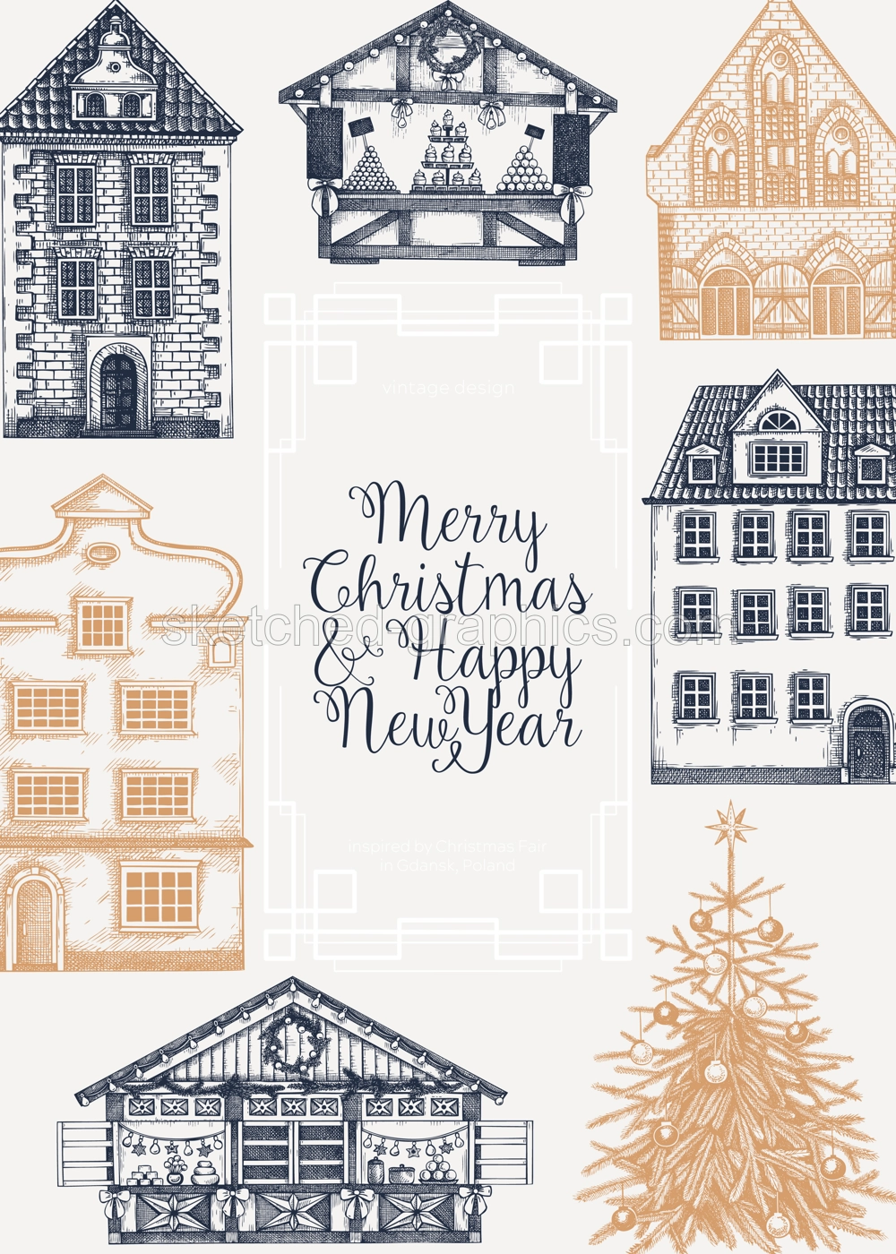 Merry Christmas card template. Architecture sketch. Christmas fair flyer. Hand-drawn vector illustration.NOT AI generated Illustration